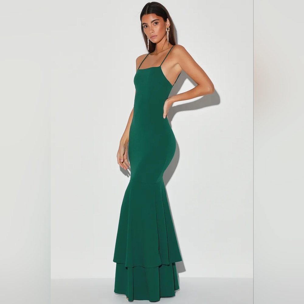 Tier and There Hunter Green Tiered Trumpet Hem Maxi Dress Lulus